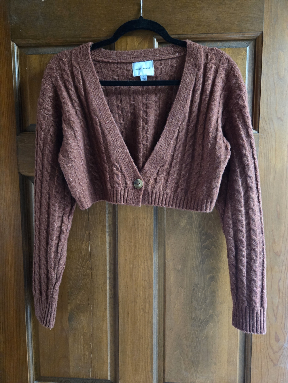 Pink Rose Cropped Cable Knit Cardigan - Rust Brown